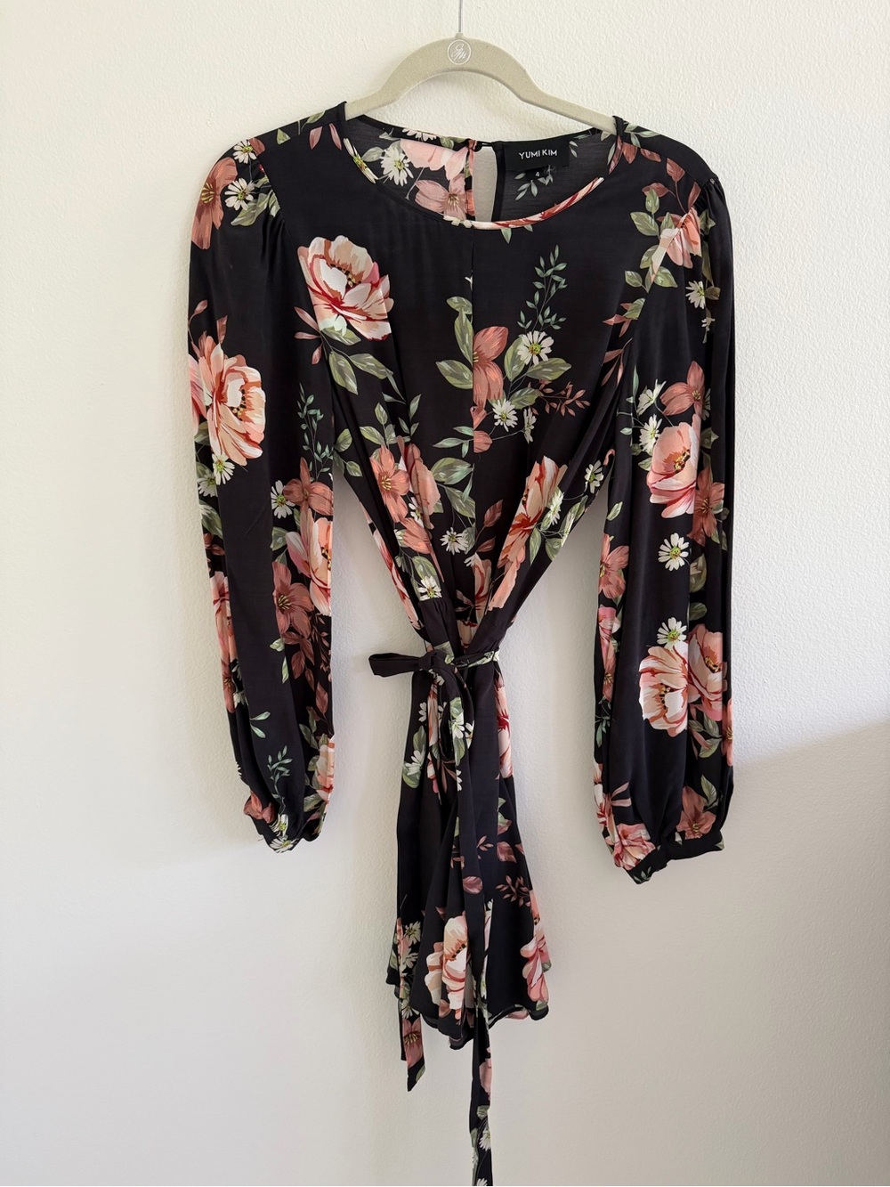 Yumi Kim Black Floral Long-Sleeve Tie-Front Dress
